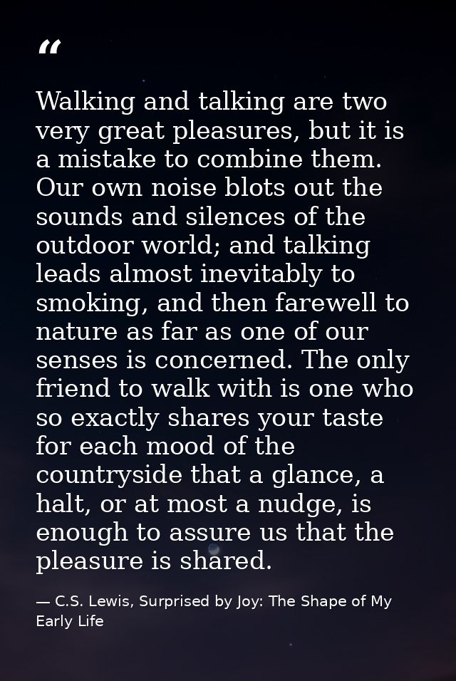 Walking and talking are two very great pleasures, but it is a mistake to combine them. Our own noise blots out the sound — C.S. Lewis, Surprised by Joy: The Shape of My Early Life