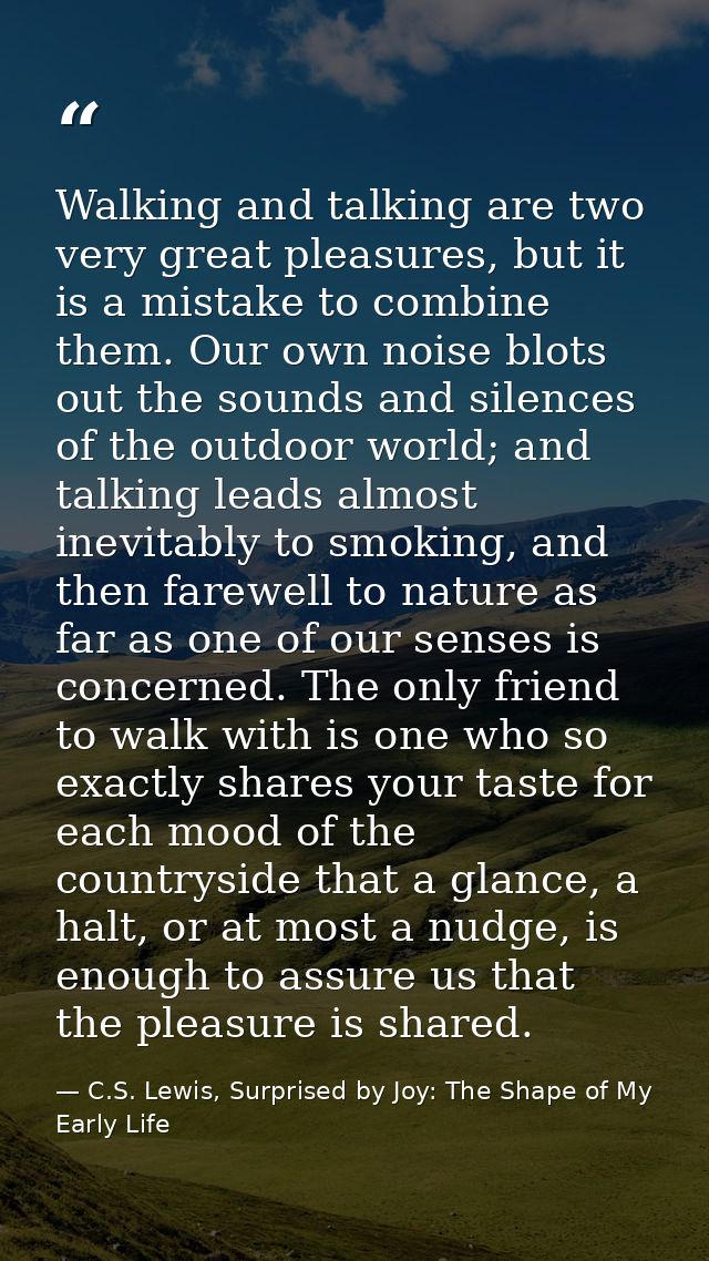 Walking and talking are two very great pleasures, but it is a mistake to combine them. Our own noise blots out the sound — C.S. Lewis, Surprised by Joy: The Shape of My Early Life