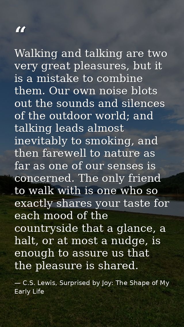 Walking and talking are two very great pleasures, but it is a mistake to combine them. Our own noise blots out the sound — C.S. Lewis, Surprised by Joy: The Shape of My Early Life