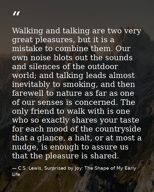 Walking and talking are two very great pleasures, but it is a mistake to combine them. Our own noise blots out the sound — C.S. Lewis, Surprised by Joy: The Shape of My Early Life