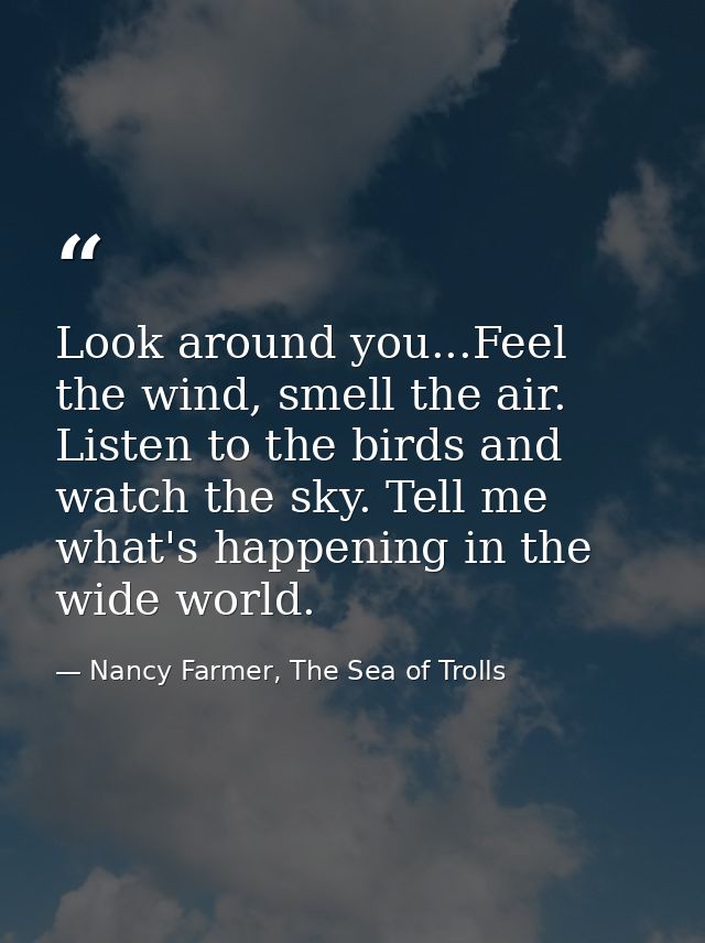 Look around you...Feel the wind, smell the air. Listen to the birds and watch the sky. Tell me what's happening in the w — Nancy Farmer, The Sea of Trolls