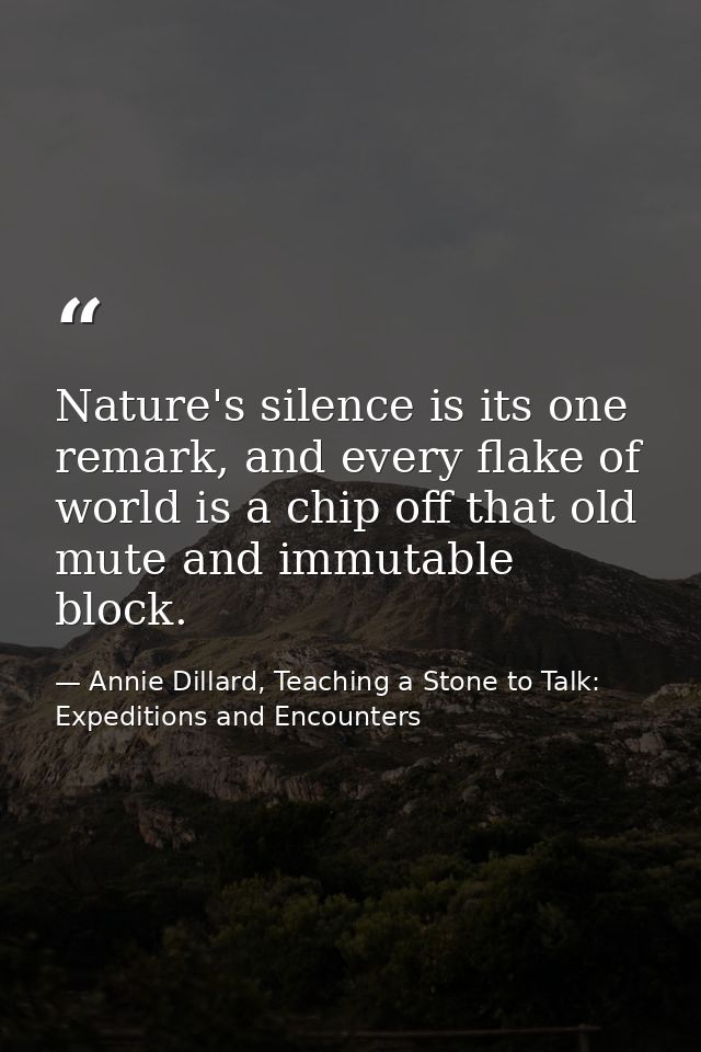 Nature's silence is its one remark, and every flake of world is a chip off that old mute and immutable block. — Annie Dillard, Teaching a Stone to Talk: Expeditions and Encounters