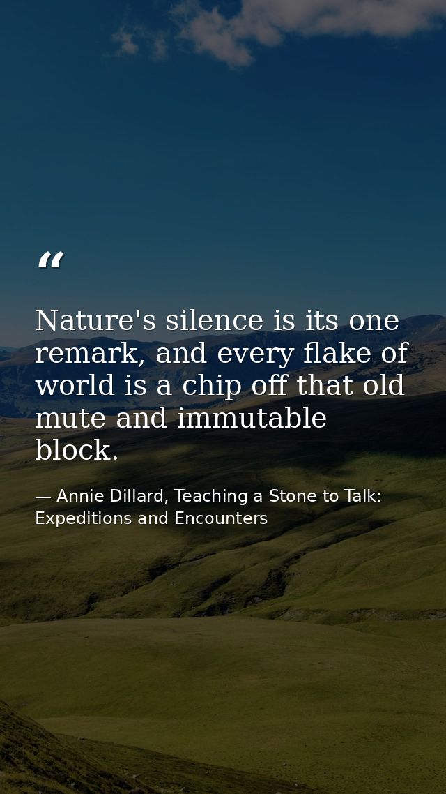 Nature's silence is its one remark, and every flake of world is a chip off that old mute and immutable block. — Annie Dillard, Teaching a Stone to Talk: Expeditions and Encounters