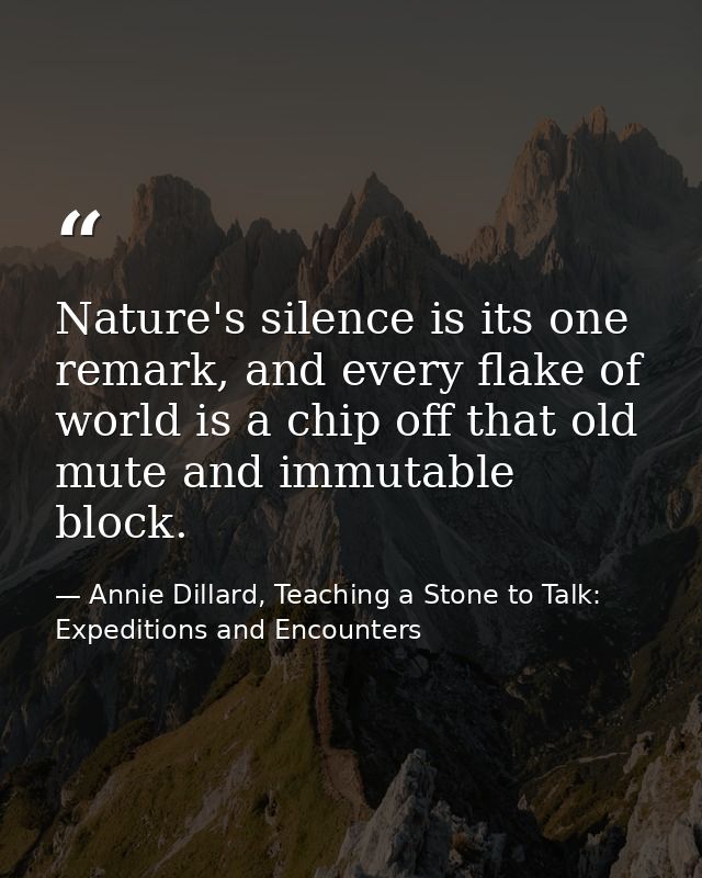 Nature's silence is its one remark, and every flake of world is a chip off that old mute and immutable block. — Annie Dillard, Teaching a Stone to Talk: Expeditions and Encounters