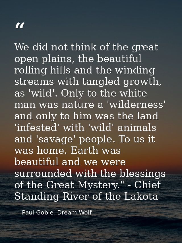 We did not think of the great open plains, the beautiful rolling hills and the winding streams with tangled growth, as ' — Paul Goble, Dream Wolf