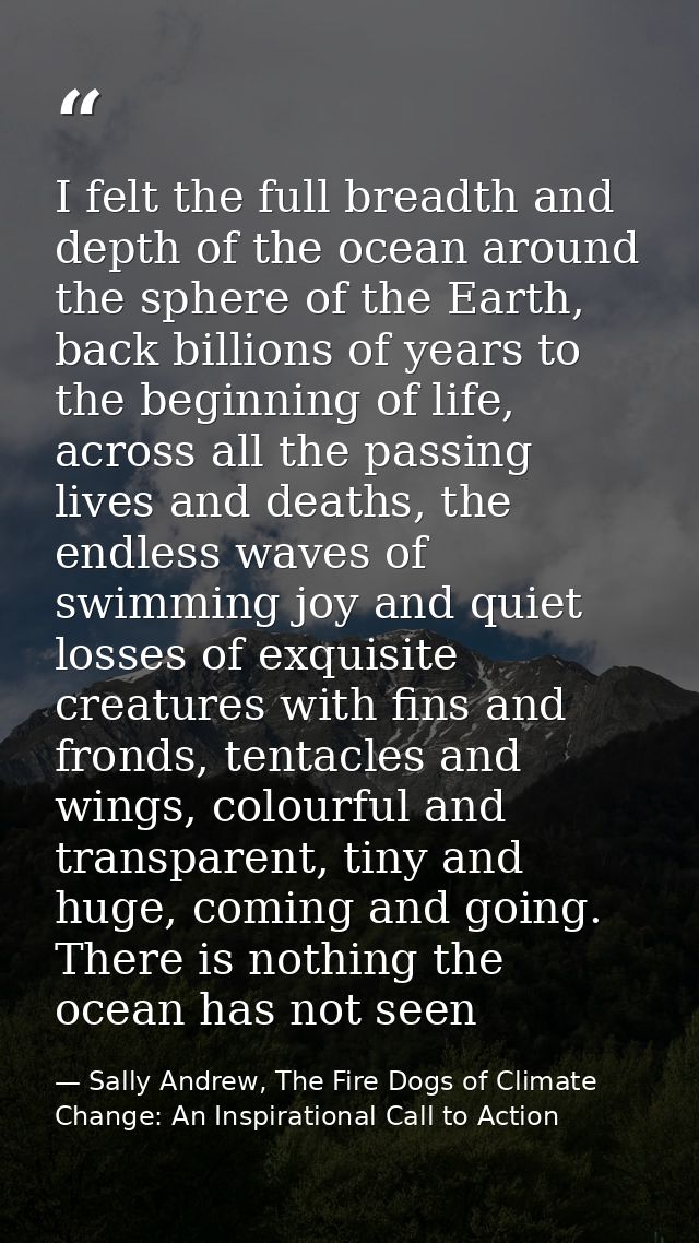 I felt the full breadth and depth of the ocean around the sphere of the Earth, back billions of years to the beginning o — Sally Andrew, The Fire Dogs of Climate Change: An Inspirational Call to Action
