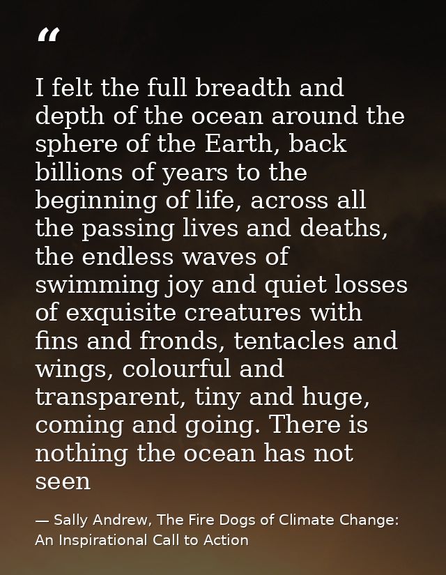 I felt the full breadth and depth of the ocean around the sphere of the Earth, back billions of years to the beginning o — Sally Andrew, The Fire Dogs of Climate Change: An Inspirational Call to Action