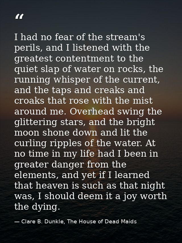 I had no fear of the stream's perils, and I listened with the greatest contentment to the quiet slap of water on rocks,  — Clare B. Dunkle, The House of Dead Maids