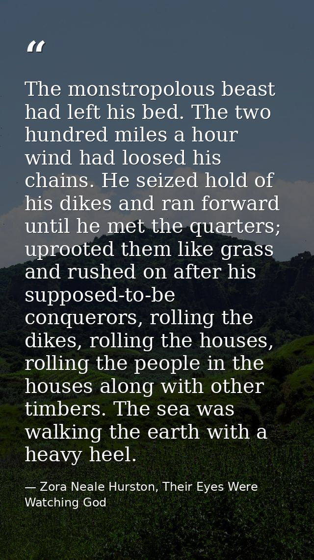 The monstropolous beast had left his bed. The two hundred miles a hour wind had loosed his chains. He seized hold of his — Zora Neale Hurston, Their Eyes Were Watching God