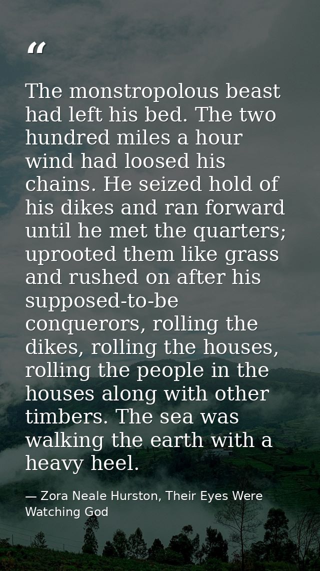 The monstropolous beast had left his bed. The two hundred miles a hour wind had loosed his chains. He seized hold of his — Zora Neale Hurston, Their Eyes Were Watching God