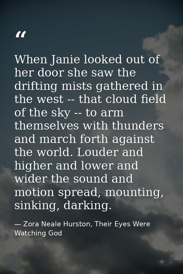 When Janie looked out of her door she saw the drifting mists gathered in the west -- that cloud field of the sky -- to a — Zora Neale Hurston, Their Eyes Were Watching God