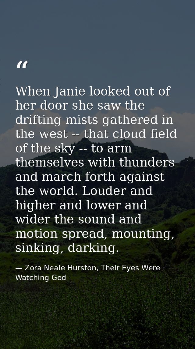 When Janie looked out of her door she saw the drifting mists gathered in the west -- that cloud field of the sky -- to a — Zora Neale Hurston, Their Eyes Were Watching God