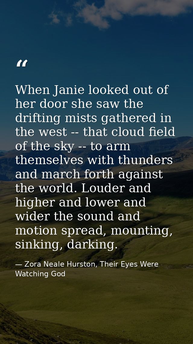 When Janie looked out of her door she saw the drifting mists gathered in the west -- that cloud field of the sky -- to a — Zora Neale Hurston, Their Eyes Were Watching God