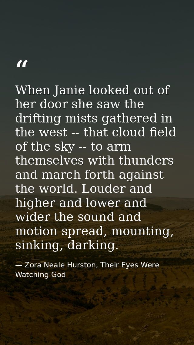 When Janie looked out of her door she saw the drifting mists gathered in the west -- that cloud field of the sky -- to a — Zora Neale Hurston, Their Eyes Were Watching God