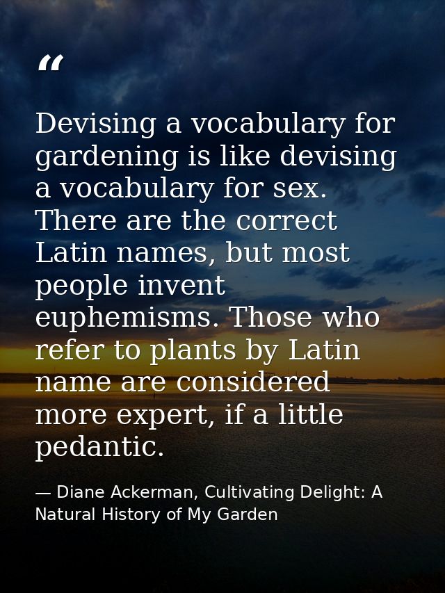 Devising a vocabulary for gardening is like devising a vocabulary for sex. There are the correct Latin names, but most p — Diane Ackerman, Cultivating Delight: A Natural History of My Garden