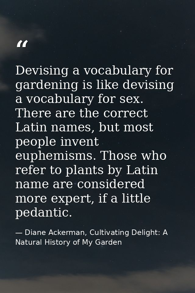 Devising a vocabulary for gardening is like devising a vocabulary for sex. There are the correct Latin names, but most p — Diane Ackerman, Cultivating Delight: A Natural History of My Garden