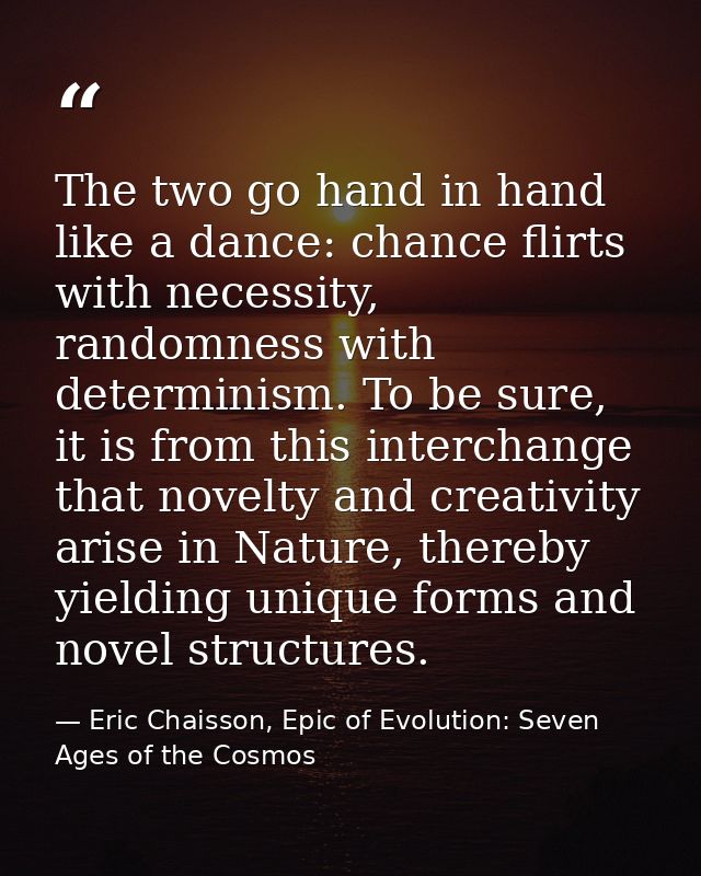 The two go hand in hand like a dance: chance flirts with necessity, randomness with determinism. To be sure, it is from  — Eric Chaisson, Epic of Evolution: Seven Ages of the Cosmos