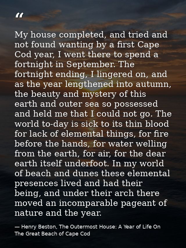 My house completed, and tried and not found wanting by a first Cape Cod year, I went there to spend a fortnight in Septe — Henry Beston, The Outermost House: A Year of Life On The Great Beach of Cape Cod