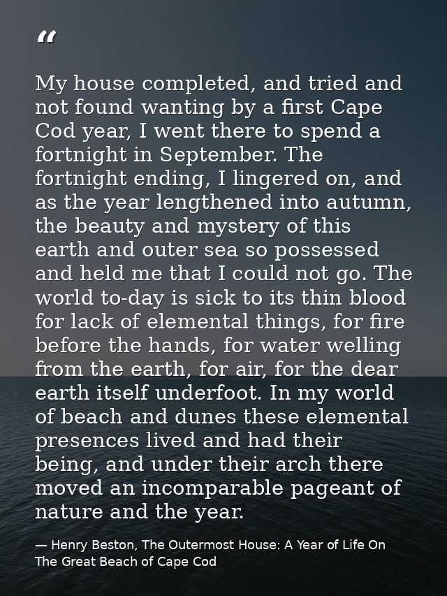My house completed, and tried and not found wanting by a first Cape Cod year, I went there to spend a fortnight in Septe — Henry Beston, The Outermost House: A Year of Life On The Great Beach of Cape Cod