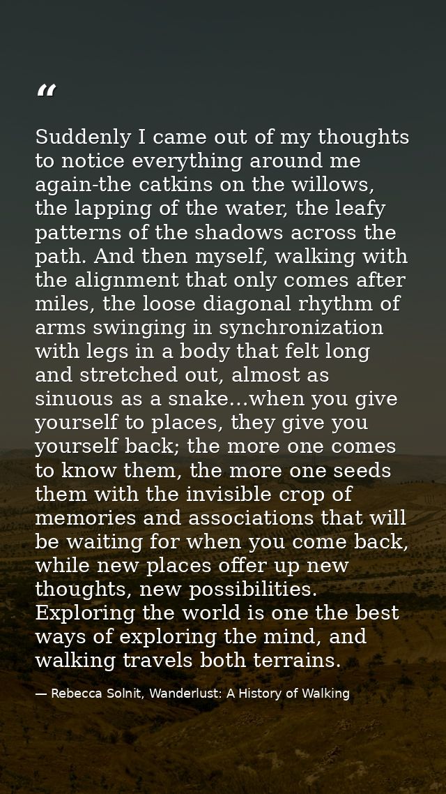 Suddenly I came out of my thoughts to notice everything around me again-the catkins on the willows, the lapping of the w — Rebecca Solnit, Wanderlust: A History of Walking
