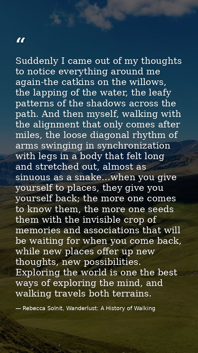 Suddenly I came out of my thoughts to notice everything around me again-the catkins on the willows, the lapping of the w — Rebecca Solnit, Wanderlust: A History of Walking