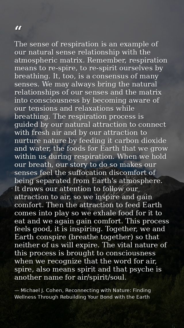 The sense of respiration is an example of our natural sense relationship with the atmospheric matrix. Remember, respirat — Michael J. Cohen, Reconnecting with Nature: Finding Wellness Through Rebuilding Your Bond with the Earth