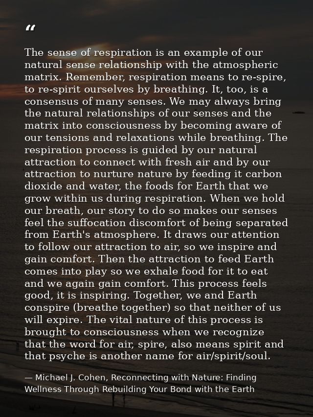 The sense of respiration is an example of our natural sense relationship with the atmospheric matrix. Remember, respirat — Michael J. Cohen, Reconnecting with Nature: Finding Wellness Through Rebuilding Your Bond with the Earth