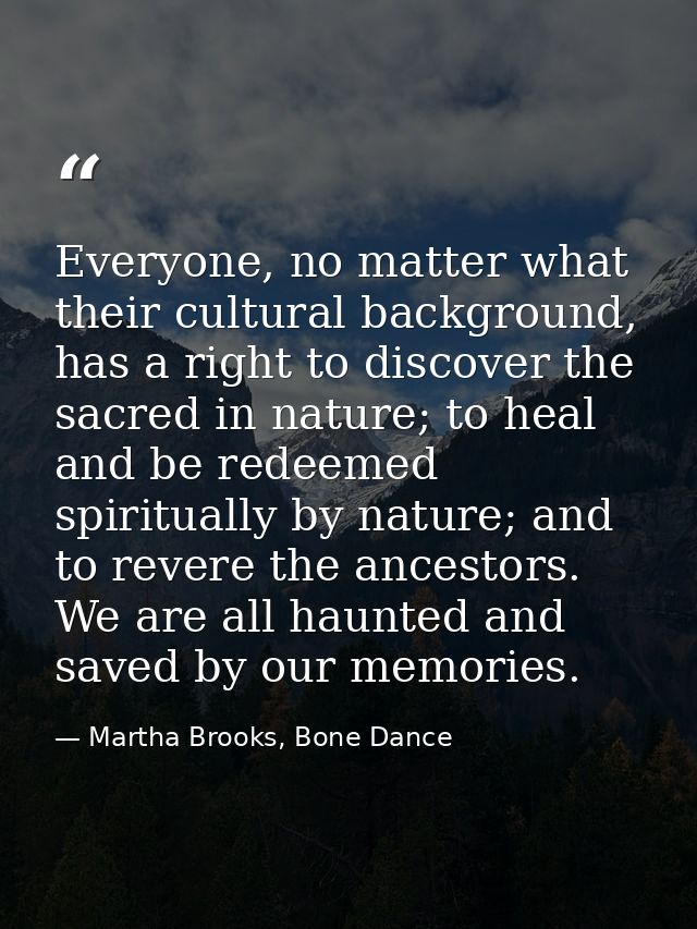 Everyone, no matter what their cultural background, has a right to discover the sacred in nature; to heal and be redeeme — Martha Brooks, Bone Dance