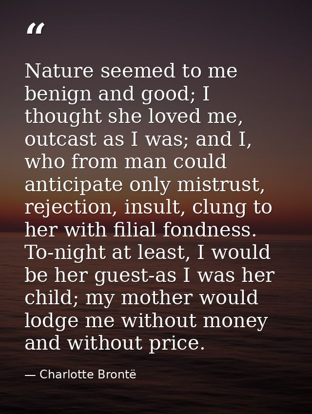 Nature seemed to me benign and good; I thought she loved me, outcast as I was; and I, who from man could anticipate only — Charlotte Brontë