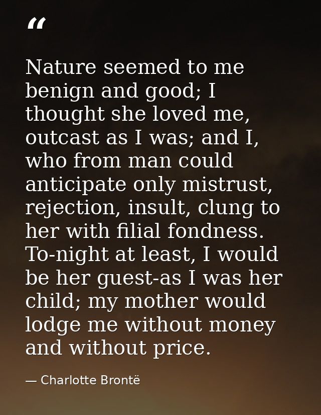 Nature seemed to me benign and good; I thought she loved me, outcast as I was; and I, who from man could anticipate only — Charlotte Brontë