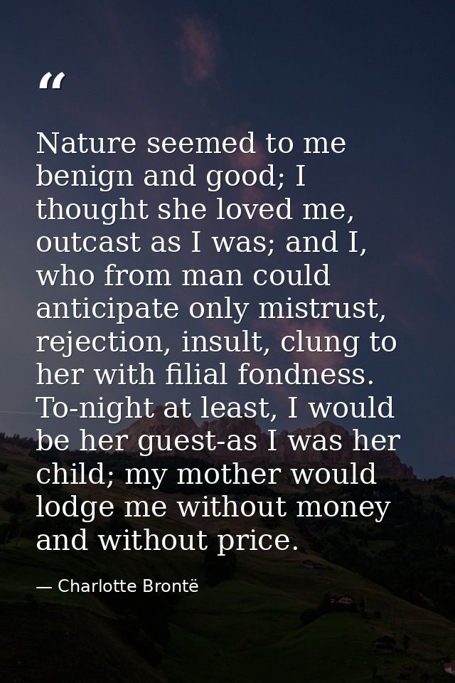 Nature seemed to me benign and good; I thought she loved me, outcast as I was; and I, who from man could anticipate only — Charlotte Brontë