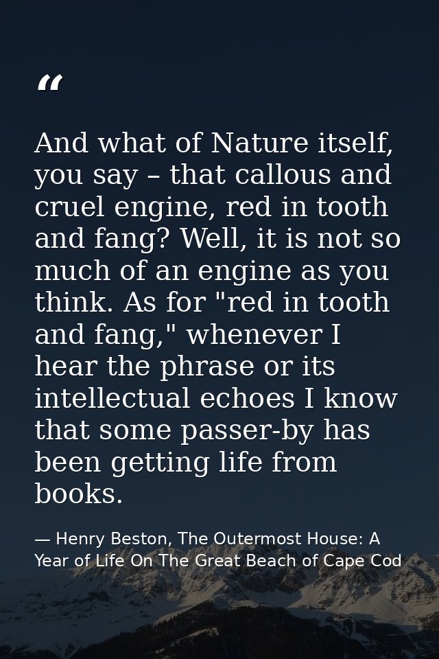 And what of Nature itself, you say – that callous and cruel engine, red in tooth and fang? Well, it is not so much of an — Henry Beston, The Outermost House: A Year of Life On The Great Beach of Cape Cod