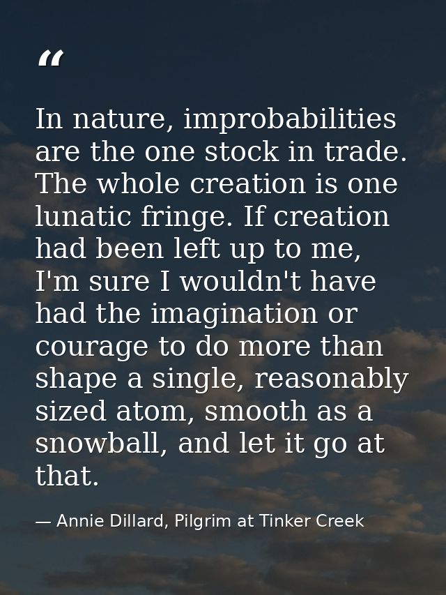 In nature, improbabilities are the one stock in trade. The whole creation is one lunatic fringe. If creation had been le — Annie Dillard, Pilgrim at Tinker Creek