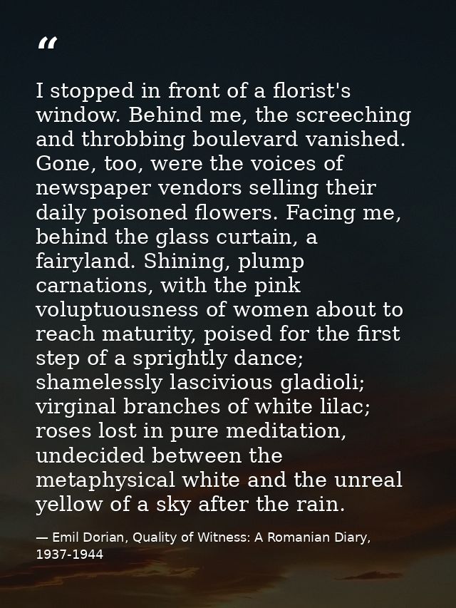 I stopped in front of a florist's window. Behind me, the screeching and throbbing boulevard vanished. Gone, too, were th — Emil Dorian, Quality of Witness: A Romanian Diary, 1937-1944