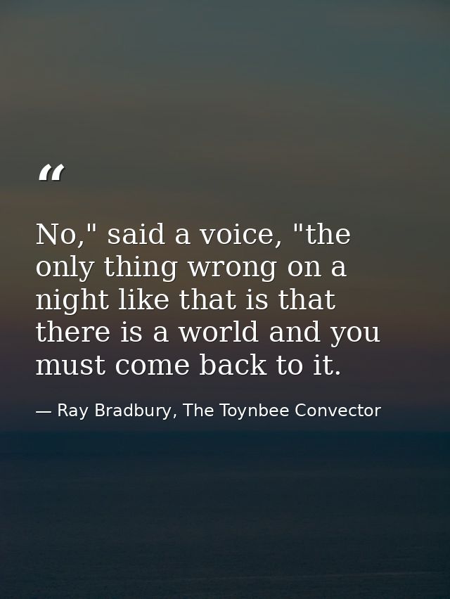 No," said a voice, "the only thing wrong on a night like that is that there is a world and you must come back to it. — Ray Bradbury, The Toynbee Convector