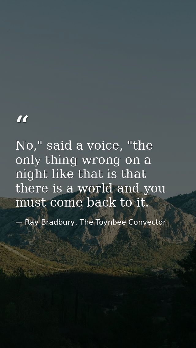 No," said a voice, "the only thing wrong on a night like that is that there is a world and you must come back to it. — Ray Bradbury, The Toynbee Convector