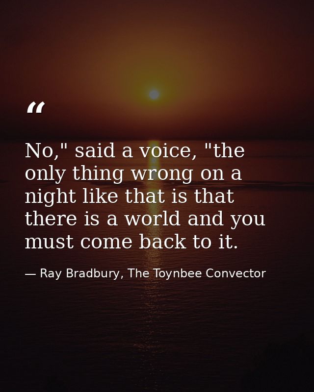 No," said a voice, "the only thing wrong on a night like that is that there is a world and you must come back to it. — Ray Bradbury, The Toynbee Convector
