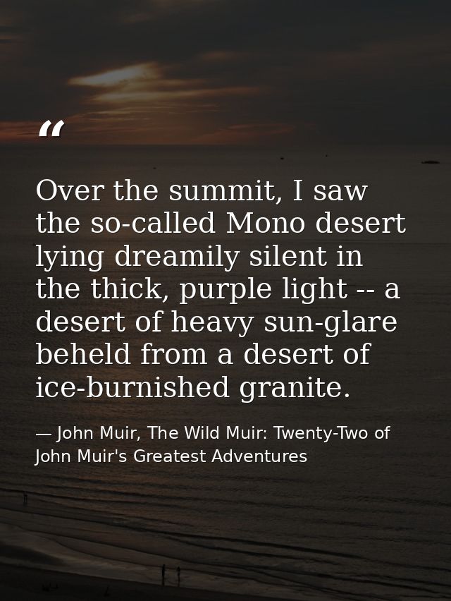 Over the summit, I saw the so-called Mono desert lying dreamily silent in the thick, purple light -- a desert of heavy s — John Muir, The Wild Muir: Twenty-Two of John Muir's Greatest Adventures