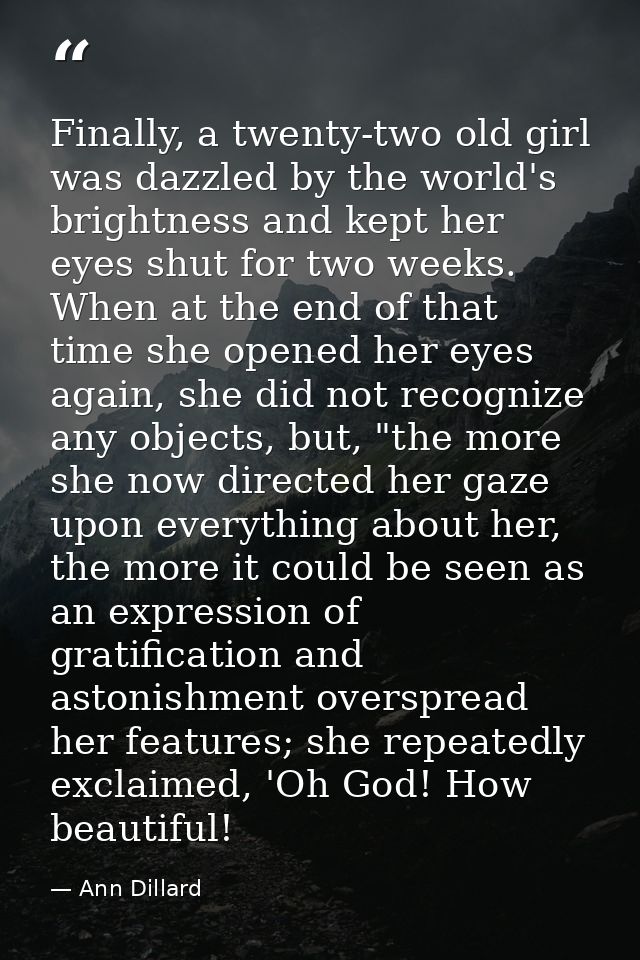 Finally, a twenty-two old girl was dazzled by the world's brightness and kept her eyes shut for two weeks. When at the e — Ann Dillard