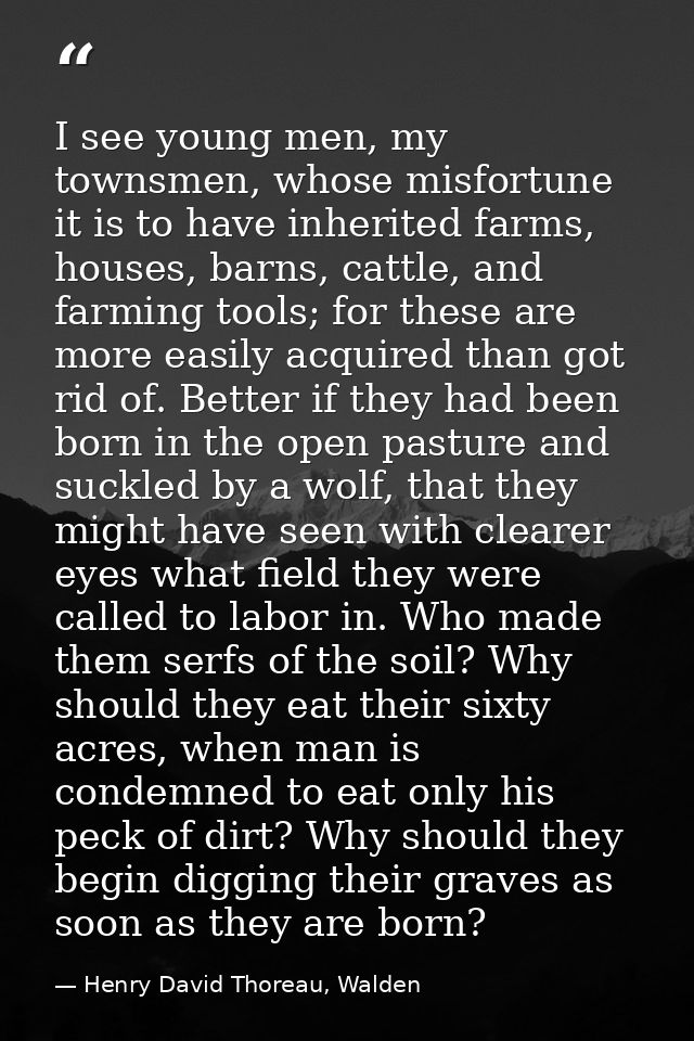 I see young men, my townsmen, whose misfortune it is to have inherited farms, houses, barns, cattle, and farming tools;  — Henry David Thoreau, Walden