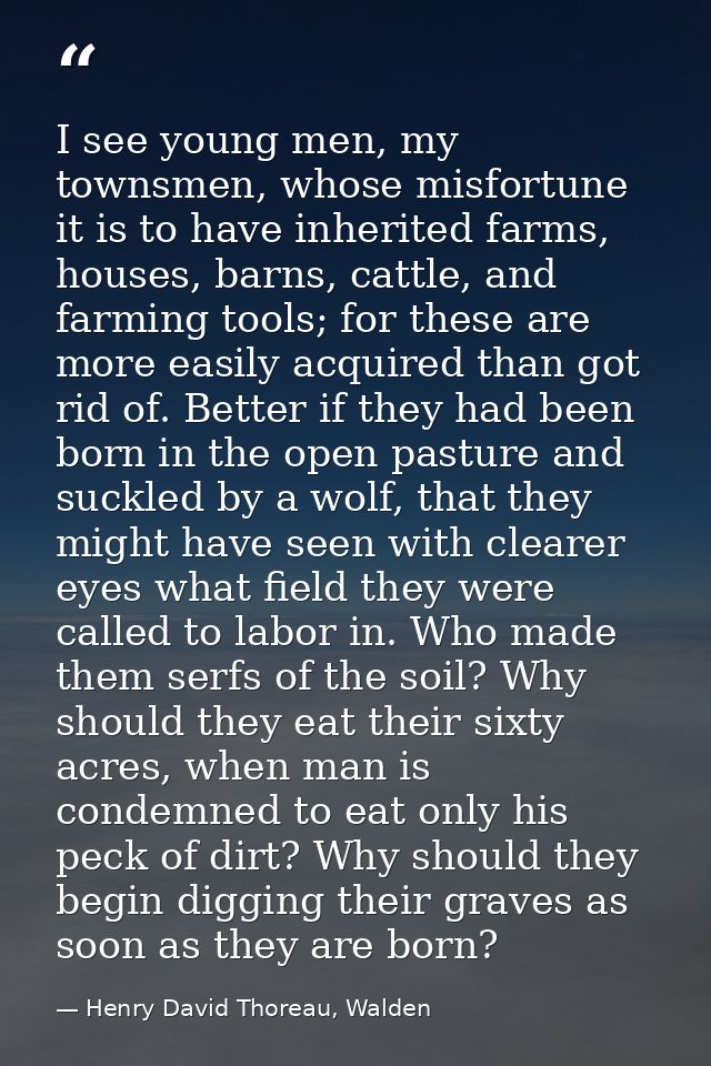 I see young men, my townsmen, whose misfortune it is to have inherited farms, houses, barns, cattle, and farming tools;  — Henry David Thoreau, Walden