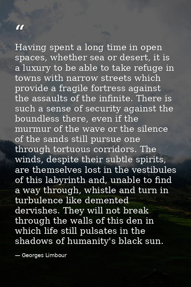 Having spent a long time in open spaces, whether sea or desert, it is a luxury to be able to take refuge in towns with n — Georges Limbour
