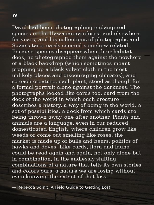 David had been photographing endangered species in the Hawaiian rainforest and elsewhere for years, and his collections  — Rebecca Solnit, A Field Guide to Getting Lost