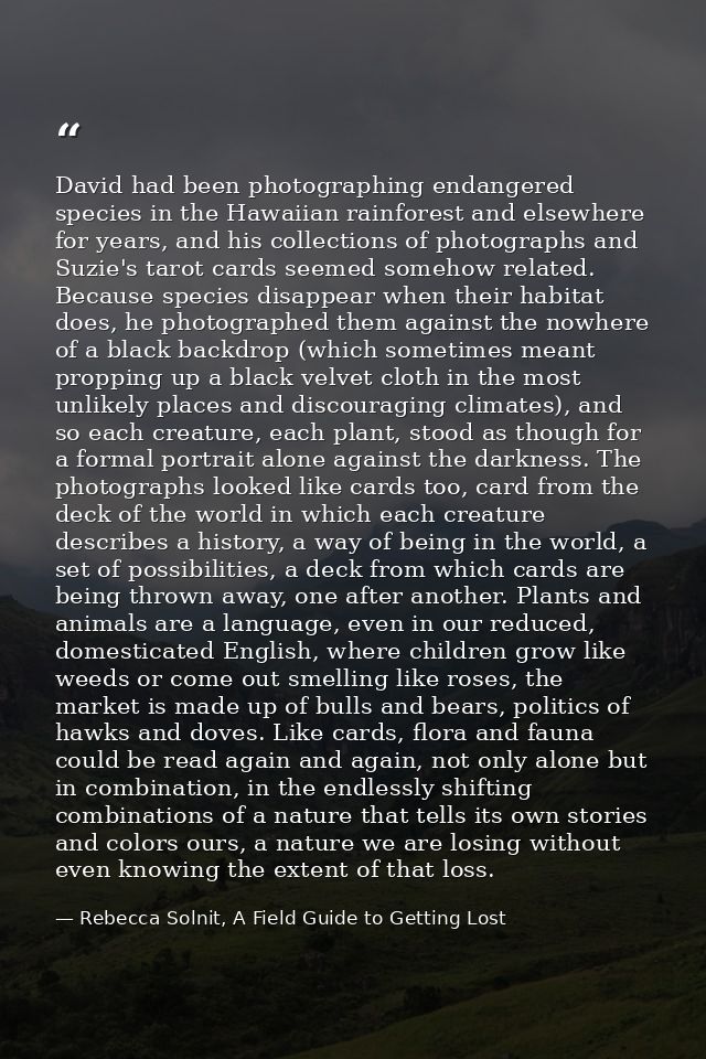 David had been photographing endangered species in the Hawaiian rainforest and elsewhere for years, and his collections  — Rebecca Solnit, A Field Guide to Getting Lost