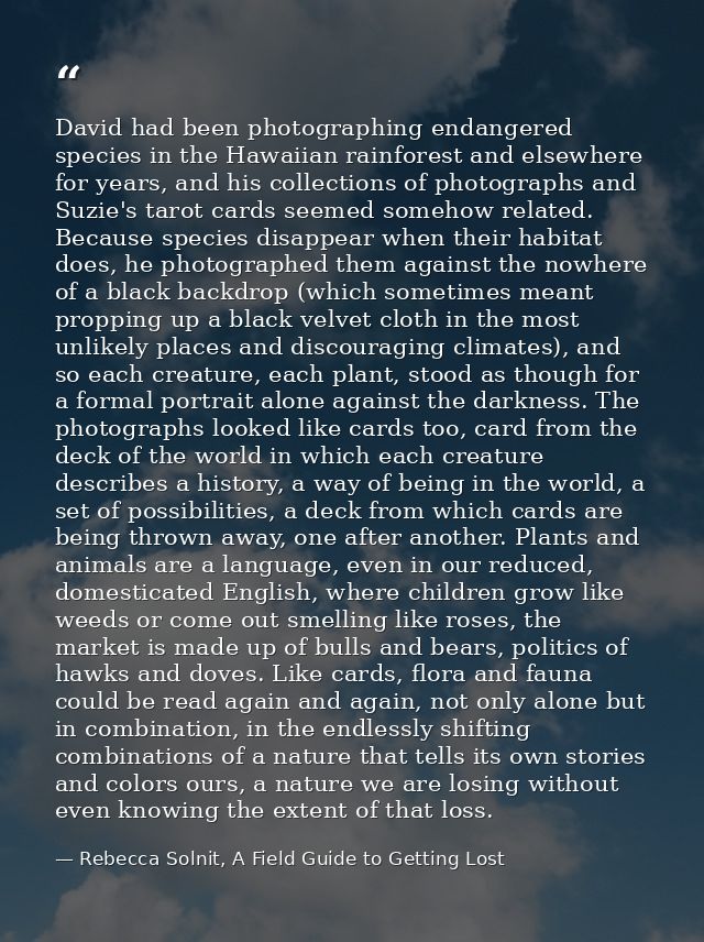 David had been photographing endangered species in the Hawaiian rainforest and elsewhere for years, and his collections  — Rebecca Solnit, A Field Guide to Getting Lost