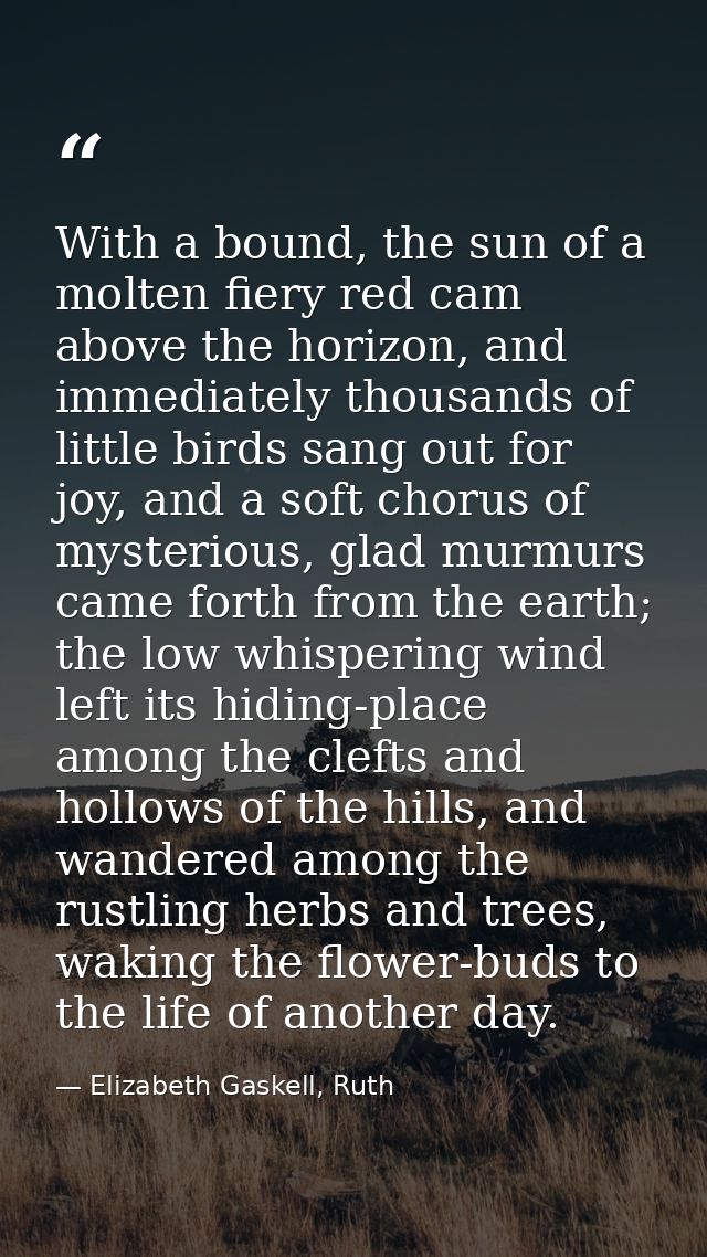 With a bound, the sun of a molten fiery red cam above the horizon, and immediately thousands of little birds sang out fo — Elizabeth Gaskell, Ruth