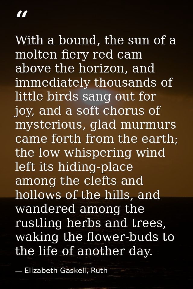 With a bound, the sun of a molten fiery red cam above the horizon, and immediately thousands of little birds sang out fo — Elizabeth Gaskell, Ruth