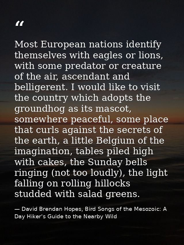 Most European nations identify themselves with eagles or lions, with some predator or creature of the air, ascendant and — David Brendan Hopes, Bird Songs of the Mesozoic: A Day Hiker's Guide to the Nearby Wild