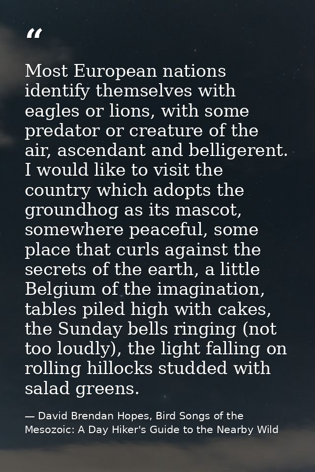 Most European nations identify themselves with eagles or lions, with some predator or creature of the air, ascendant and — David Brendan Hopes, Bird Songs of the Mesozoic: A Day Hiker's Guide to the Nearby Wild
