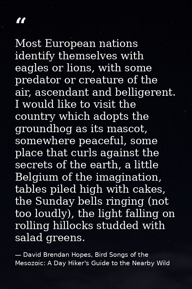 Most European nations identify themselves with eagles or lions, with some predator or creature of the air, ascendant and — David Brendan Hopes, Bird Songs of the Mesozoic: A Day Hiker's Guide to the Nearby Wild